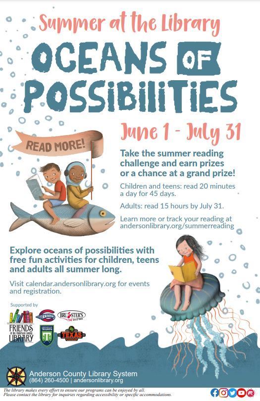 Take part in the Anderson County Library Summer Reading Challenge! Read at least 20 minutes a day from June 1 - July 31  and earn prizes or a chance at a grand prize!