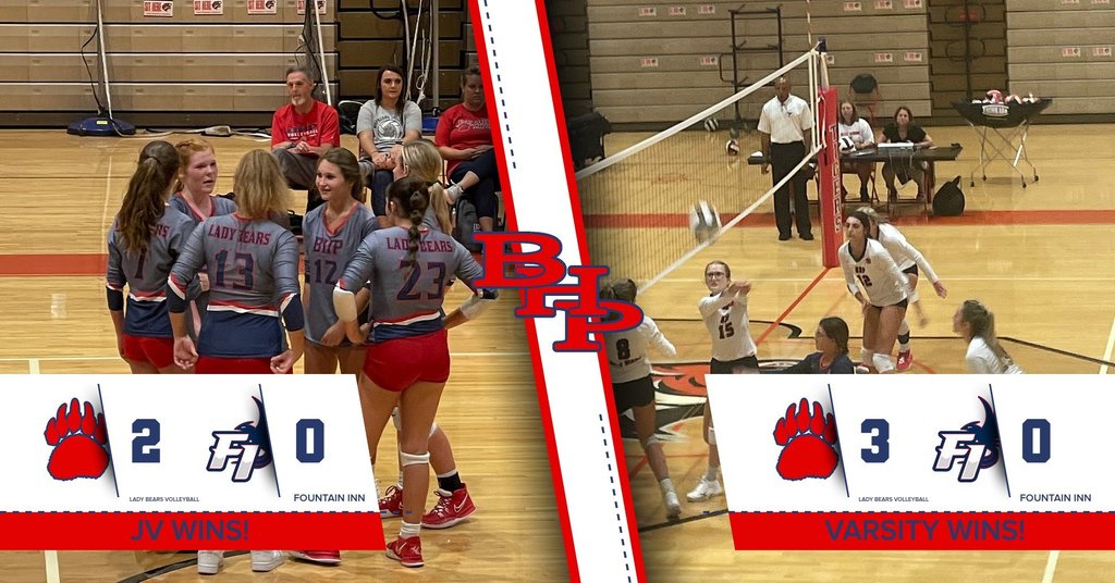 Congratulations to our Volleyball Teams on their wins vs. Fountain Inn last Knight. JV won 2-0  Set 1: 25-20 Set2: 25-9 The JV Bears volleyball team had their first home match on Thursday evening. The Bears swept Fountain Inn in a 2 set match. The Bears struggled early in the first set, but then regained control of the match to finish each set strongly. The Bears were led by #12 Sydney Strickland in both strong serving and outstanding defensive skills. The Bears with travel to Southside Tuesday. JV start is 5:30pm and Varsity is 7pm. Varsity won 3-0 Set 1: 25-16 Set 2: 25-12 Set 3: 25-9 The Varsity Bears volleyball team had their first home match on Thursday evening. The Bears maintained control throughout the match and won in 3 straight sets. #3 Jakiera Anderson, #13 Tamya Suber, and #20 Noel Naumoff all led the team defensively in blocking and offensively in kills. The Bears with travel to Southside Tuesday. JV start is 5:30pm and Varsity is 7pm. 