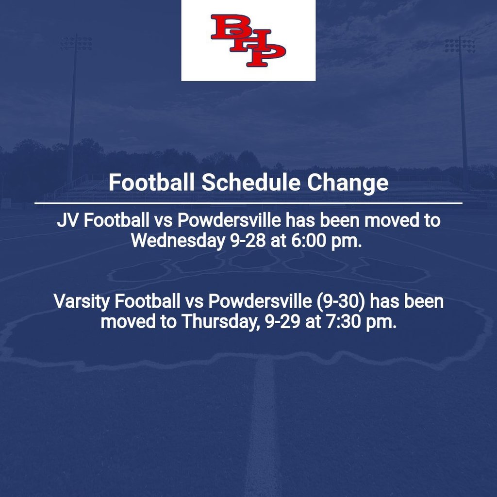 Due to the possibility of bad weather on Friday, this weeks football schedule has changed. 
