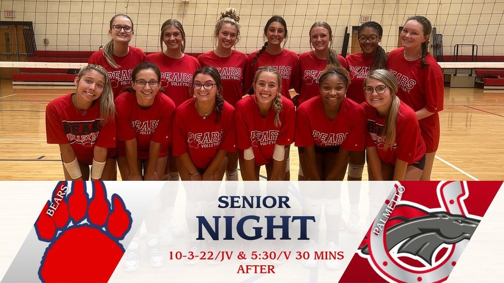 Come out to support the Bears Volleyball teams tonight for Senior Night. The JV match starts at 5:30 and the Varsity match will begin 30 minutes after the JV match ends. Go Bears!