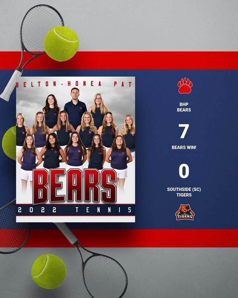 Congratulations to the Lady Bears for their continued success in the region by defeating the Southside Tigers 7-0 and going 5-0 in the region. Earning points for the Bears:  #1 Maggie LeCroy 6-0, 6-0 #2 Jessica Callaham 6-0, 6-0 #3 Emily Brown 6-0, 6-0 #4 Natalie Brown 6-1, 6-0 #5 Rainey Gaines 6-0, 6-0  #1 Doubles Elizabeth Knight and Taylor Bell won 6-1, 6-2 #2 Doubles Augusta Lyles Blake and Brice Maynard won 6-1, 6-1