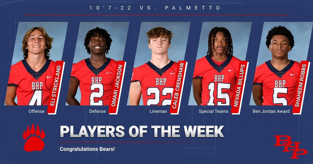 Congratulations to our Players of the week vs. Palmetto. Go Bears!