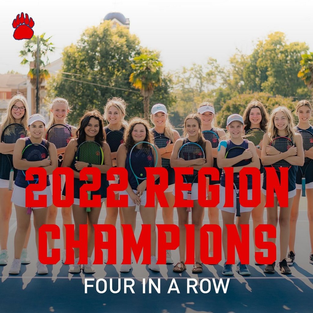 Congratulations to the Lady Bears for winning their Region 4 consecutive years. They defeated the Wren Hurricanes 6-1 and dominated the region. Earning points for the Bears:  #1 Maggie LeCroy 6-0, 6-0 #2 Jessica Callaham 6-1, 6-0 #3 Emily Brown 6-0, 6-2 #4 Natalie Brown 6-0, 6-1 #5 Rainey Gaines 6-2, 6-2  #1 Doubles (Maggie & Jessica) 6-1, 6-2 #2 Doubles Elizabeth Knight & Taylor Bell 1-6, 7-6, 5-10.