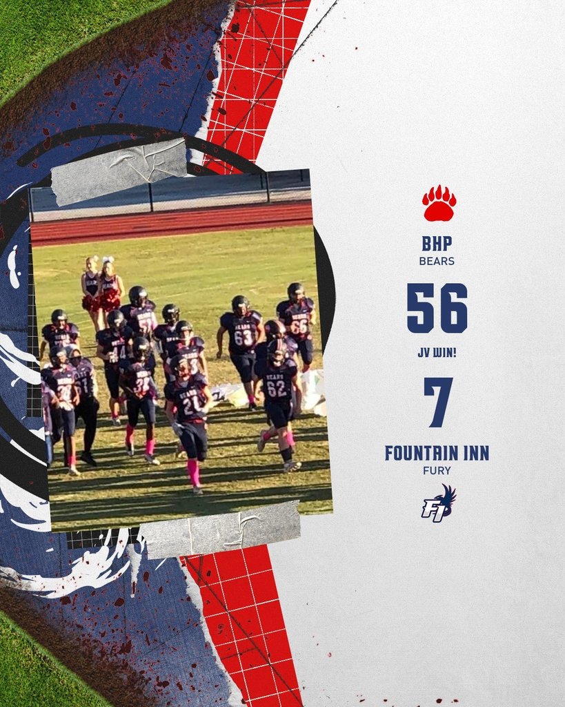 The BHP JV bears won their 7th straight game with a 56-7 win over Fountain Inn. Scoring for the bears was Noah Thomas, Josh Babb, Micah Thomas, James Moore, Malachi Hester and Bryson. The Bears defense played lights out! The whole unit lived in the Fury backfield all night as well as caused some huge turnovers! Every player who dressed tonight saw action. Total team win! The bears hit the road next week to take on Southside. Come out and support the Bears!