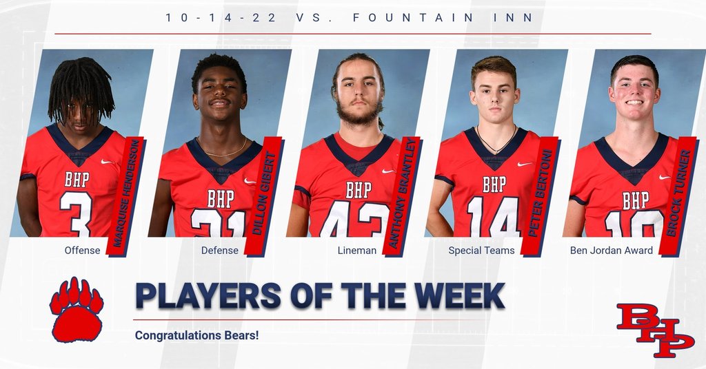 Congratulations to our Players of the week vs. Fountain Inn. Go Bears!