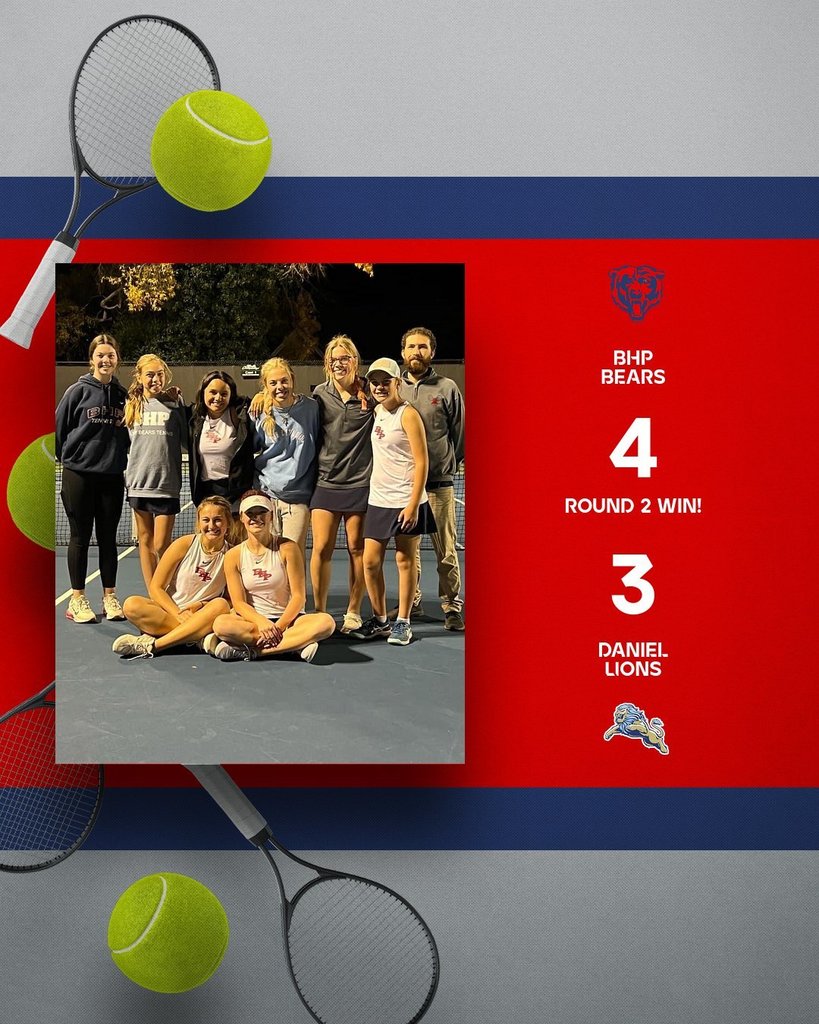 Congratulations to the Lady Bears for advancing to the Upper State Championship. They played an exciting match and defeated the Daniel Lions with a score of 4-3! Earning points for the Bears:   #1 Maggie LeCroy 6-2, 6-2 #2 Jessica Callaham 6-3, 6-0 #5 Rainey Gaines 6-1, 6-0 #1 Doubles (Maggie and Jessica) 6-3, 6-3   Come out to support the Bears this Tuesday 11/1 at the Belton Tennis Center as they host the Chapman Panthers for a chance to advance to the State Finals