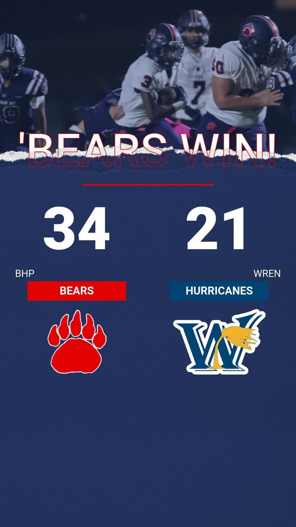 Congratulations to the Varsity Bears Football team on a great win vs. Wren tonight. Come out to support the Bears in their first-round playoff game next Friday at home. Go Bears!