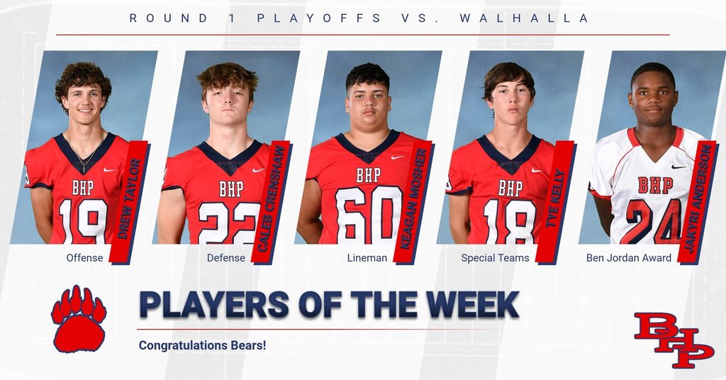 Congratulations to our Players of the Week for the Round 1 Playoff game vs. Walhalla. Go Bears!