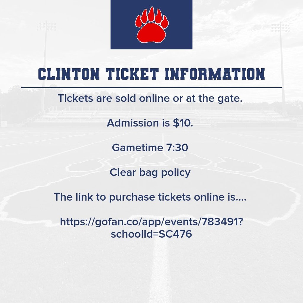 Tickets are sold online or at the gate. Admission is $10. The Gametime is 7:30. The link to purchase tickets online is....  https://gofan.co/app/events/783491?schoolId=SC476