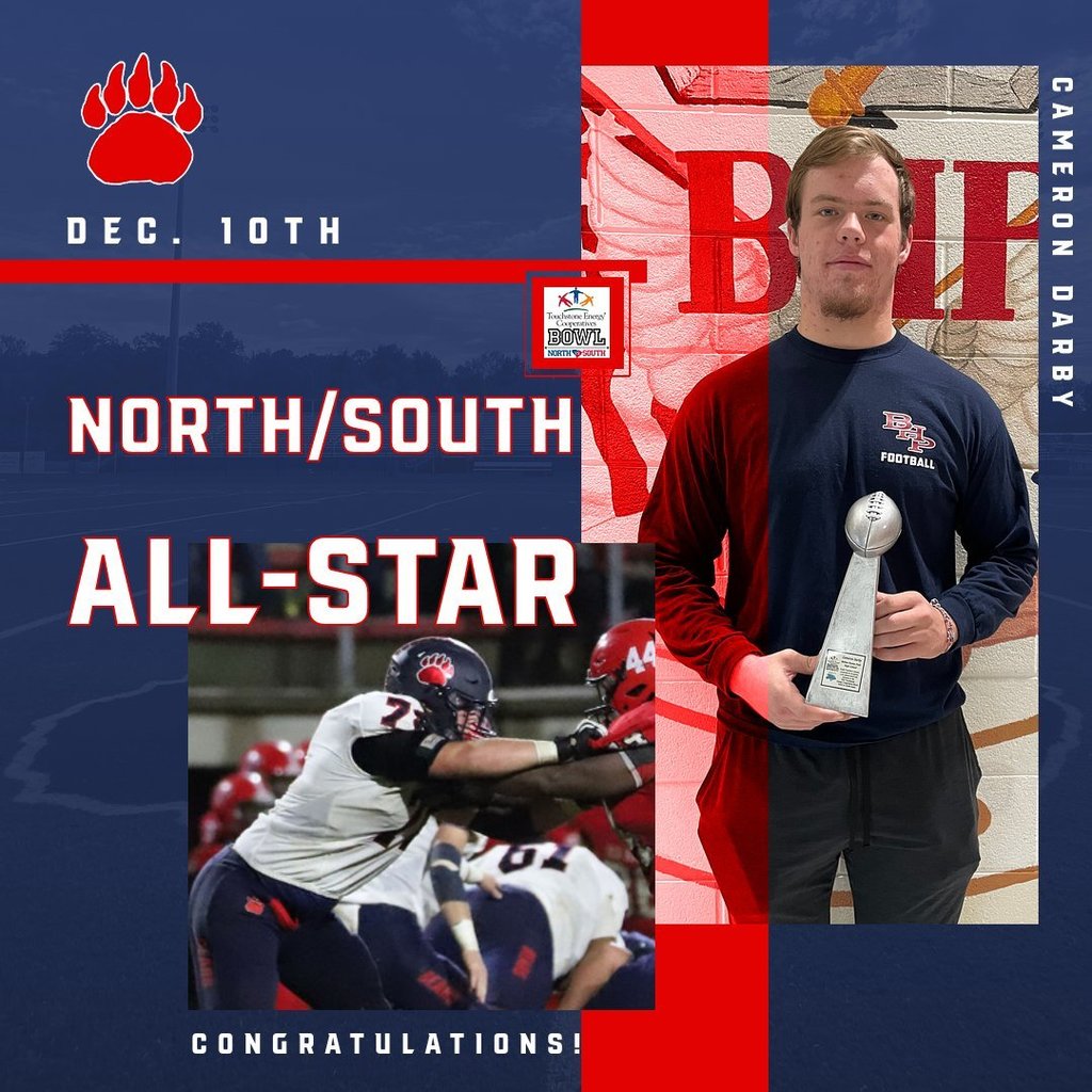 Congratulations to Cameron Darby on being selected to play in the North/South All-Star Game. The game will be held at Dough Shaw Memorial Stadium in Myrtle Beach on December 10th. Go Bears!