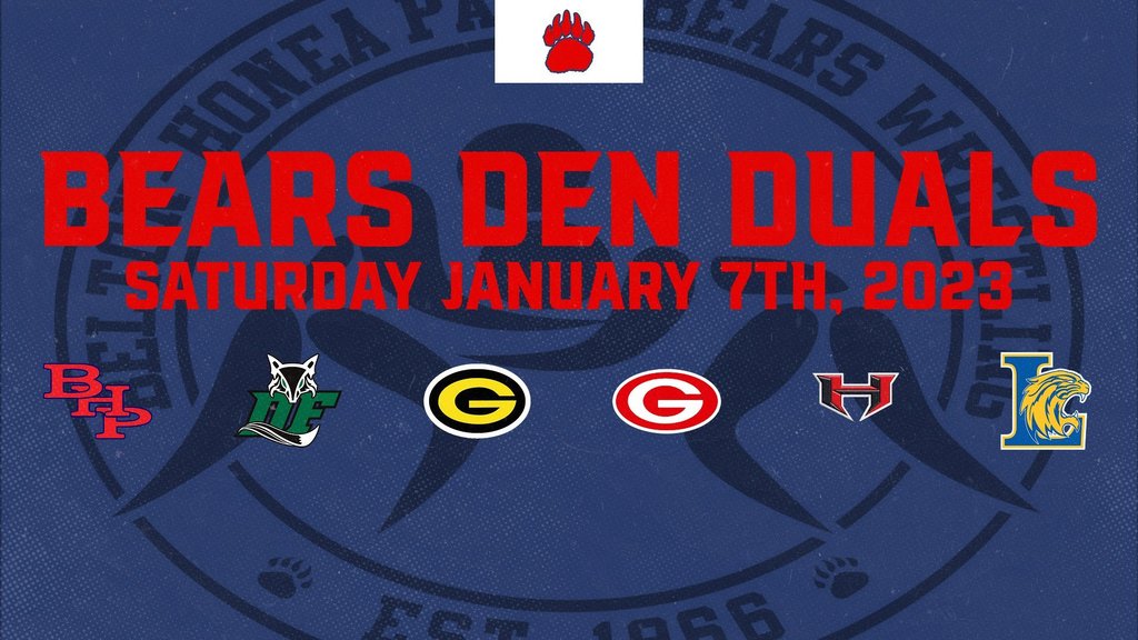 Good luck to our Wrestlers at the Bears Den Duals on Saturday. Go Bears!