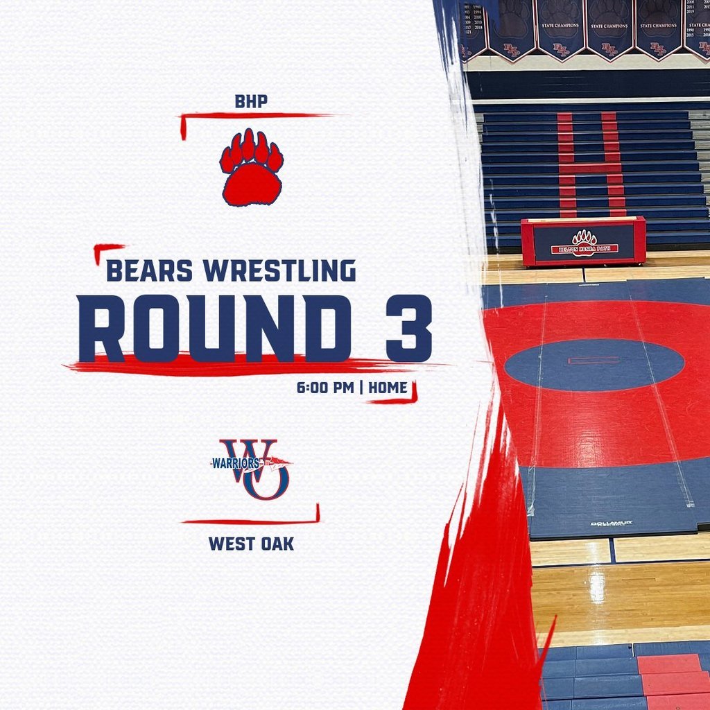 Come out to support the Bears Wrestling team as they host West-Oak in the Third Round of the State playoffs tonight. The Match starts at 6:00 PM. Tickets cost $8, cash at the gate. Let's pack the gym to support our Wrestlers. Go Bears!