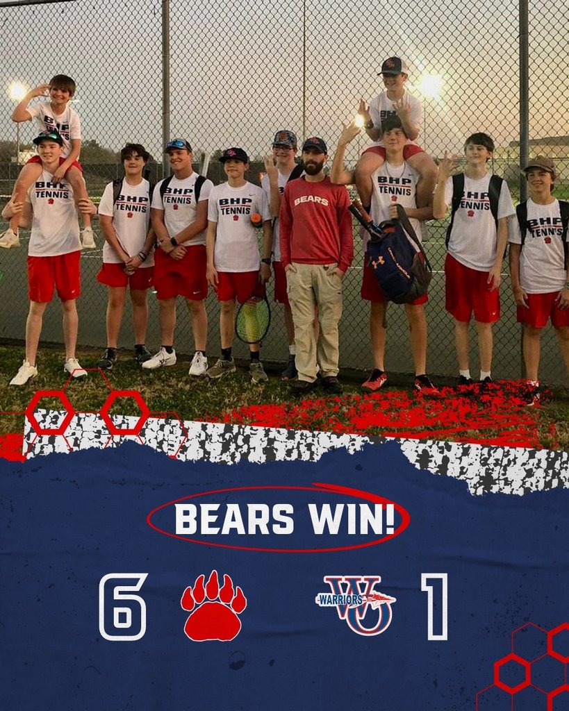Congratulations to the BHP Boy’s Tennis Team for defeating the West Oak Warriors with a score of 6-1. Earning points for the Bears.     #1 Blake Maynard 7-5, 3-6, 7-10 #2 Daniel Guest 4-6, 6-2, 10-4 #3 Jackson Ouzts 6-2, 6-4 #4 Max Walfield 6-3, 6-2 #5 Isaac Walker 7-5, 6-4  #1 Doubles Blake & Jackson 8-6 #2 Doubles Ayden Alley and Samuel Lowie 6-2, 6-2
