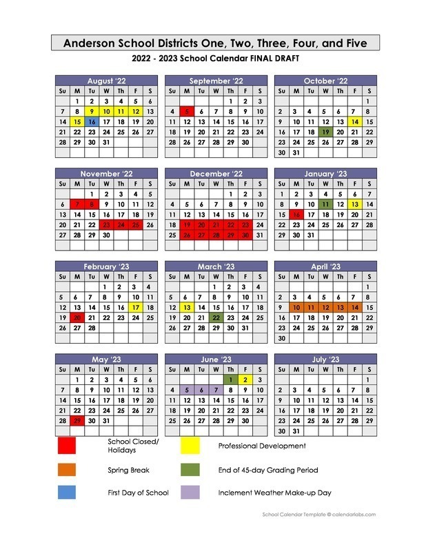 NEW 2022-2023 DISTRICT CALENDAR | Anderson School District 2