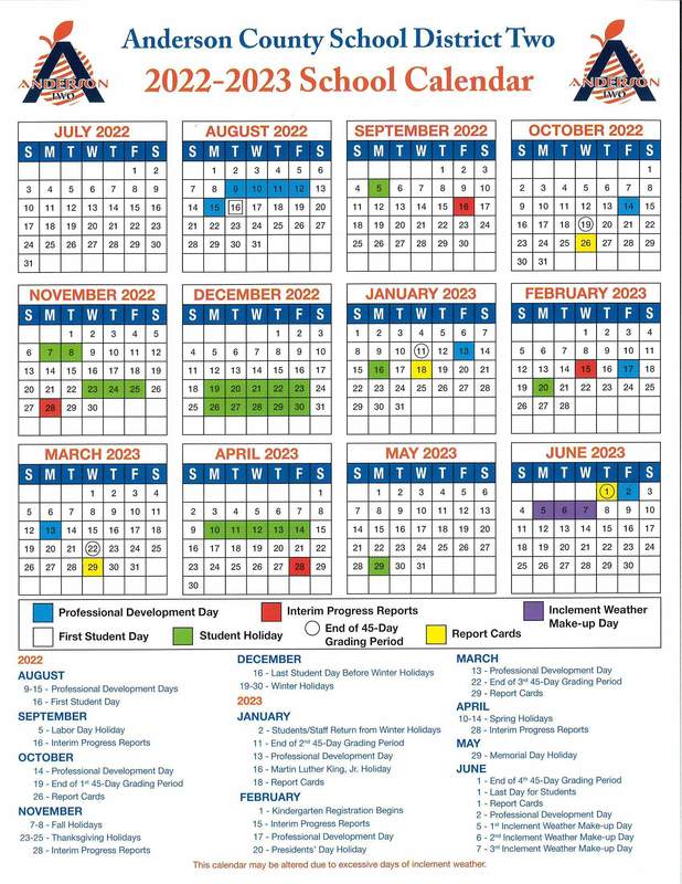 2022-2023 District Calendar | Anderson School District 2