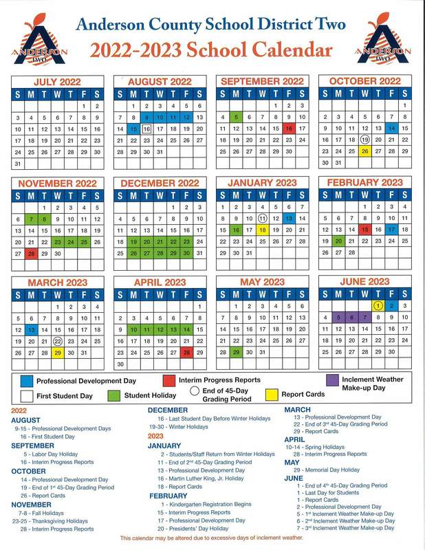 2022-2023 District Calendar  Anderson School District 2